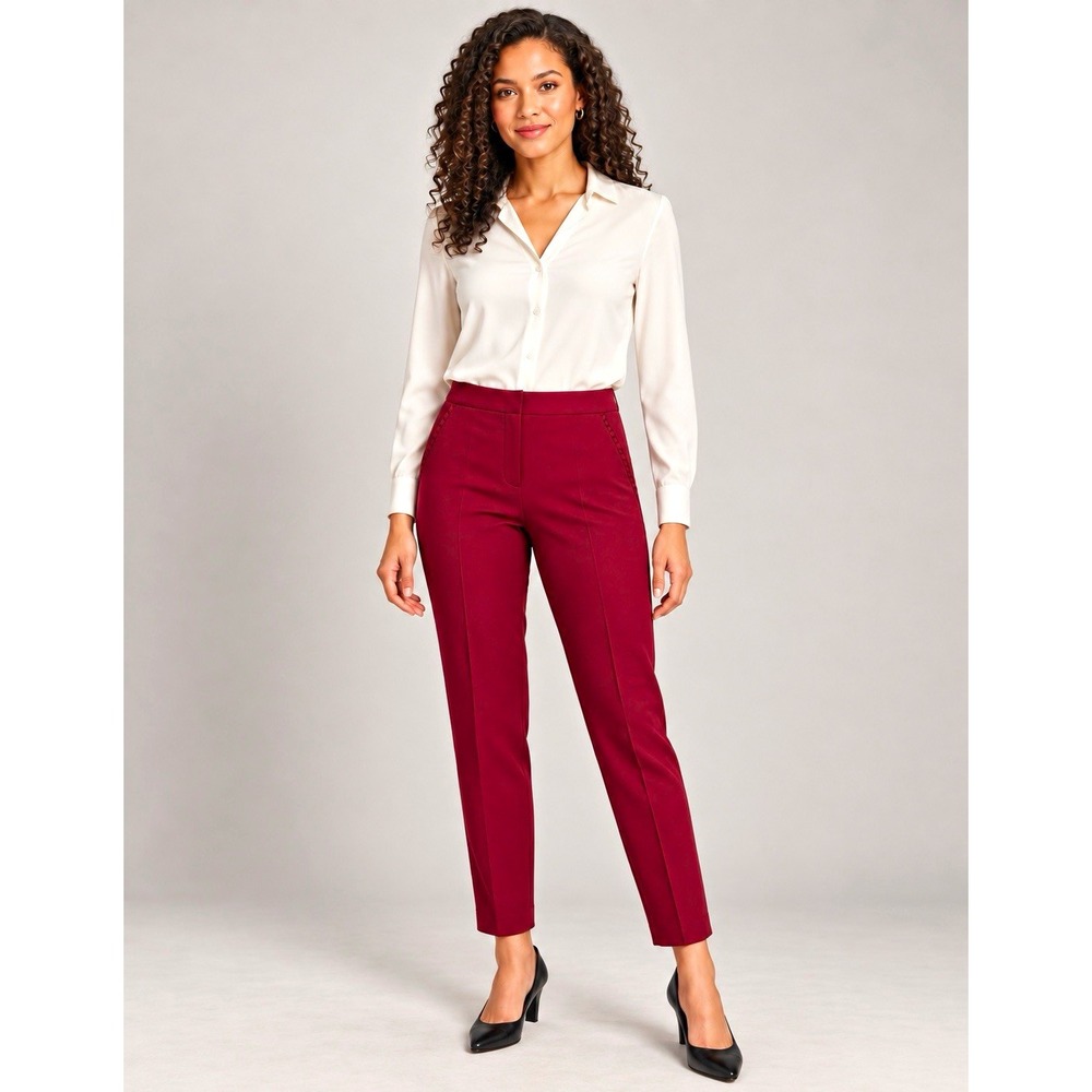 Size 6- Zack & Rachel Women Burgundy Dress Pants Slim Tapered Flat Front